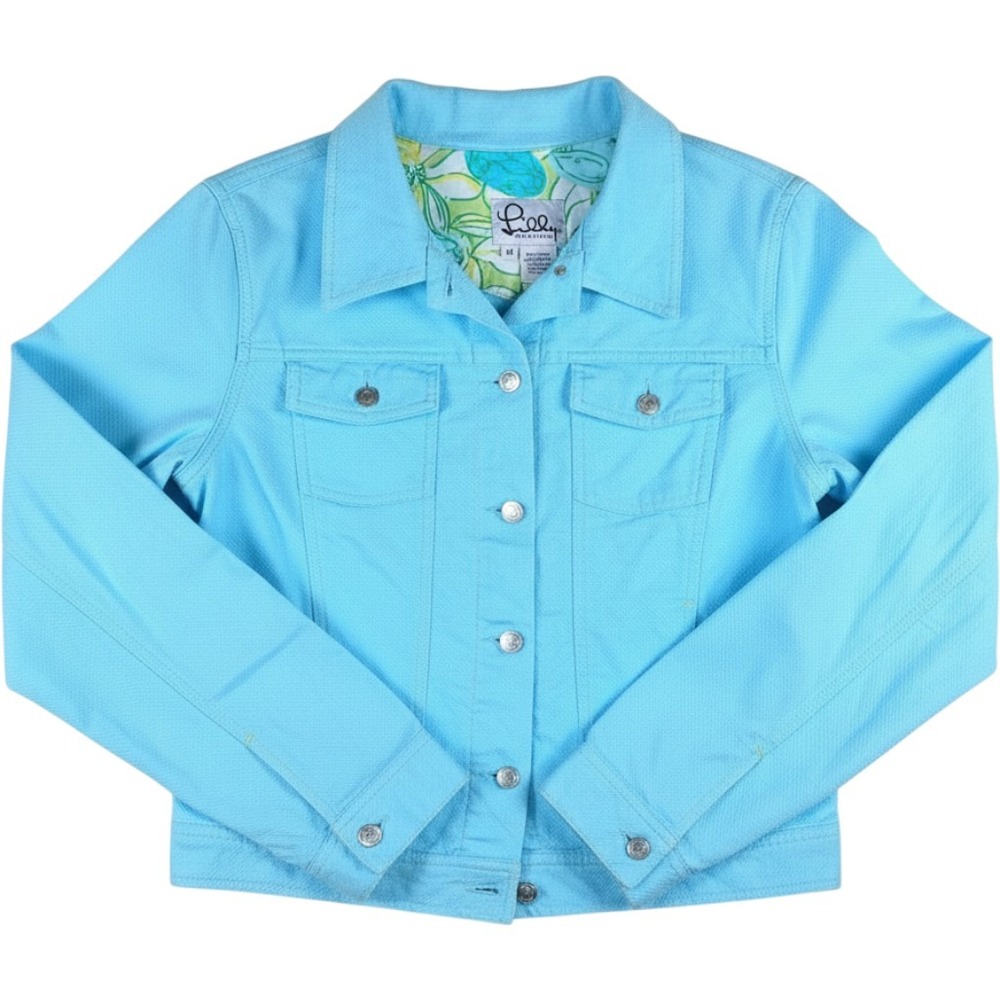 Lilly Pulitzer Stretch Pique Denim Jean Jacket Sky Blue Floral Lined Womens M